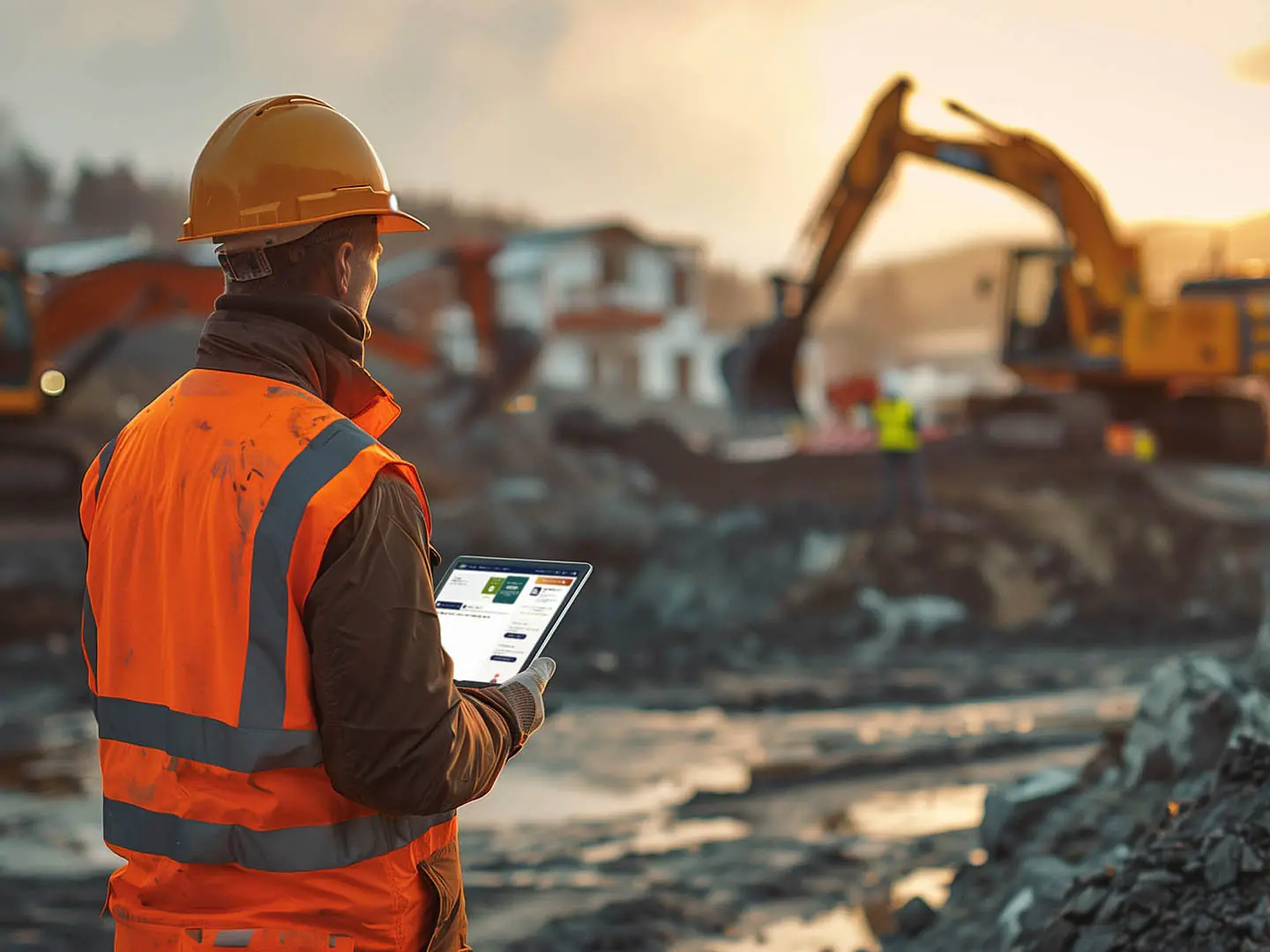 Foreman or site supervisor in hard hat and safety uniform checki Construction & Infrastructure Contractor Prequalification, Compliance & Safety Management Software
